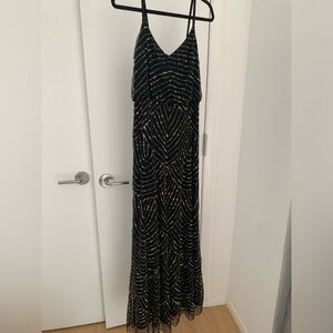Adrianna Papell Gold Sequin Black Evening Gown | Size 6